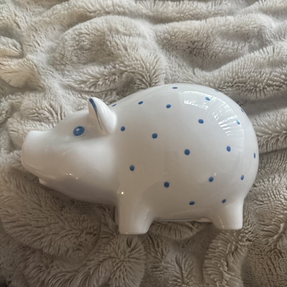 Tiffany & Co. Handpainted Ceramic Piggy Bank White Blue Polka Dots (Retired)